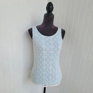 Jennifer Lopez Tank Top White Aqua Blue Back Button Keyhole Eyelet Sleeveless XS